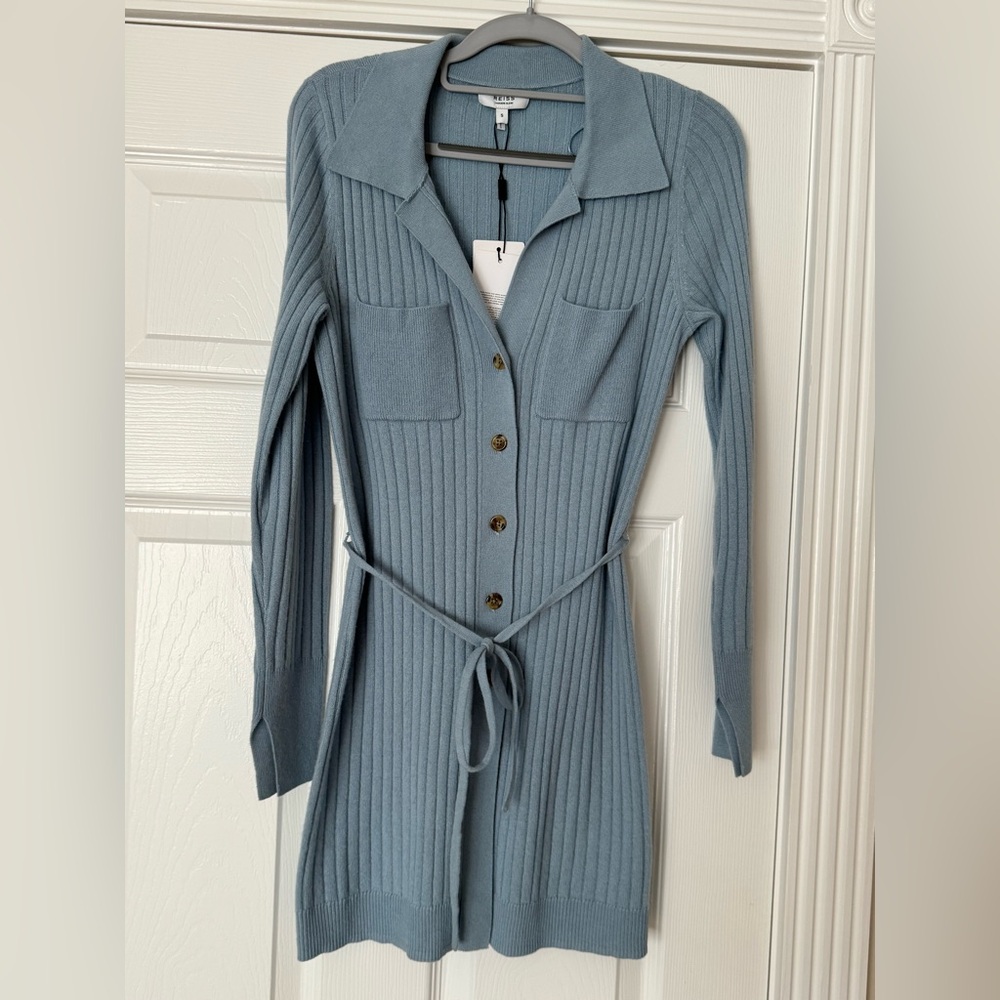 REISS S Corrin Knit Sweater Button Down Cardigan Tunic Front Tie Waist Pale Blue